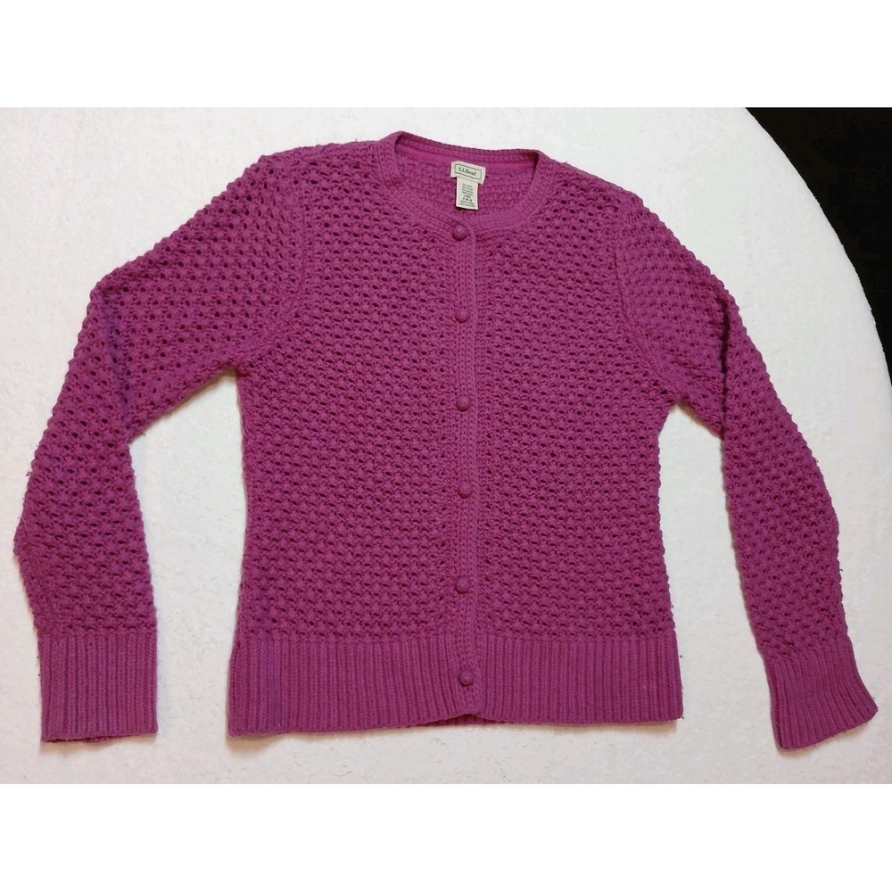 VTG L.L. Bean Popcorn Dot Knit Cardigan Sweater L Magenta Pink Wool Angora 0HPJ9